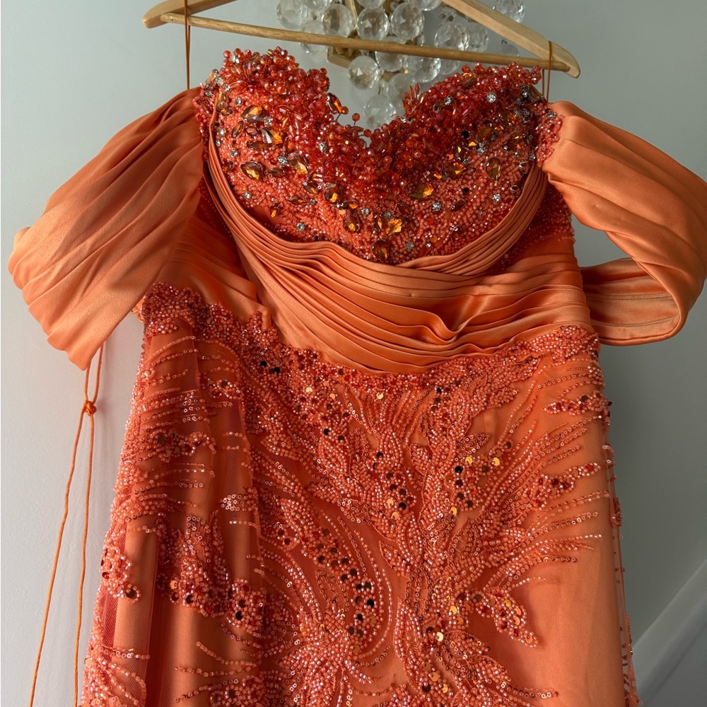 Elegant Orange Beaded Evening Gown